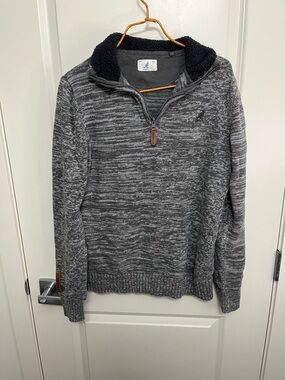 Kangol Men's Grey Marled Quarter-Zip Sweater with Black Sherpa Collar in size M